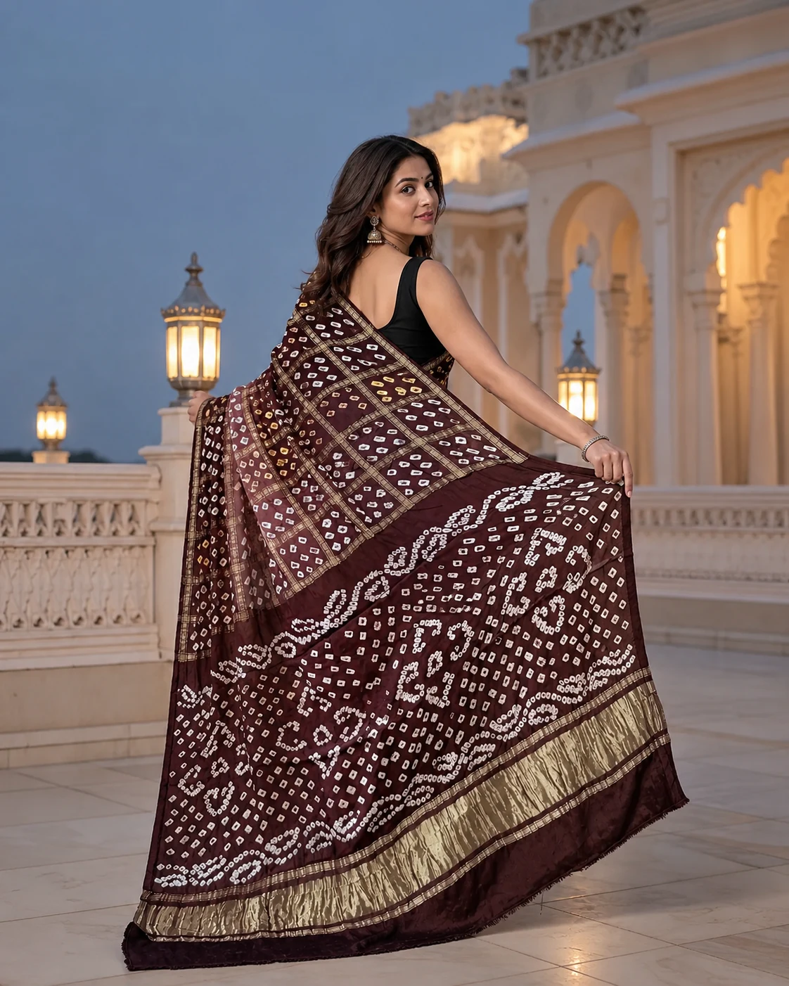 Gajji Silk Saree with Bandhani Work & Ghatchola Pallu — AI-assisted styling visual