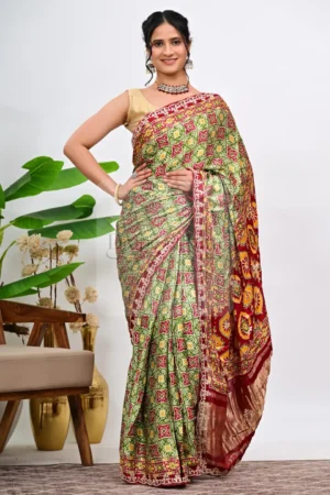 Olive Green Modal Gajji Silk Saree with Bandhani and Gota Patti