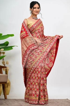 Red Modal Gajji Silk Saree with Hand Gota Work and Lagdi Patta Pallu