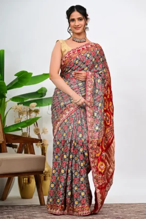 Black Modal Gajji Silk Saree with Bandhani Print and Hand Gota Work