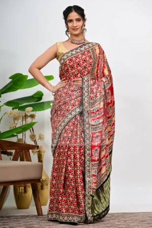 Red Modal Gajji Silk Saree with Bandhani Print and Lagdi Patta Pallu