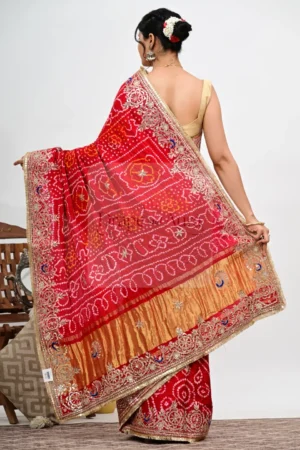 Red Gajji Silk Bandhani Saree with Peacock Gota Work