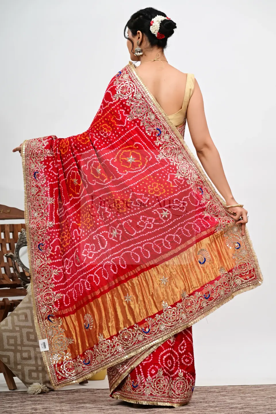Red Gajji silk Bandhani saree from Drape Aura