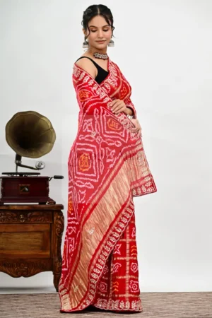 Red Gajji Silk Saree with Bandhani Pattern and Gota Patti Border
