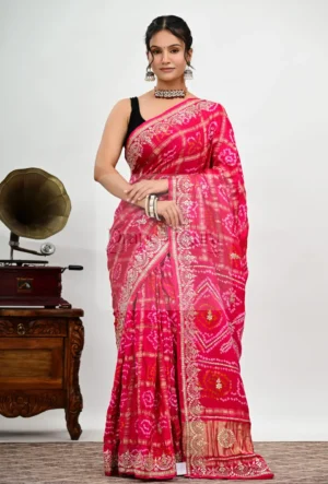 Hot Pink Gajji Silk Saree with Ghatchola Pattern and Gota Patti Border
