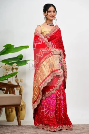 Red Gajji Silk Saree with Bandhani Work and Gota Patti Border