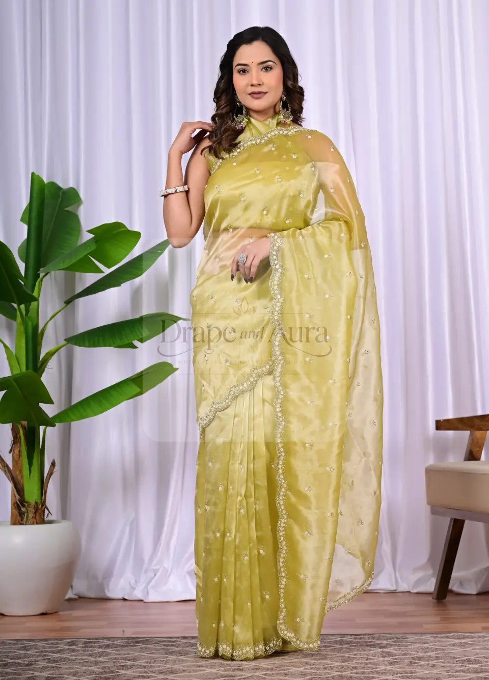 Contemporary yellow silk saree from Drape Aura