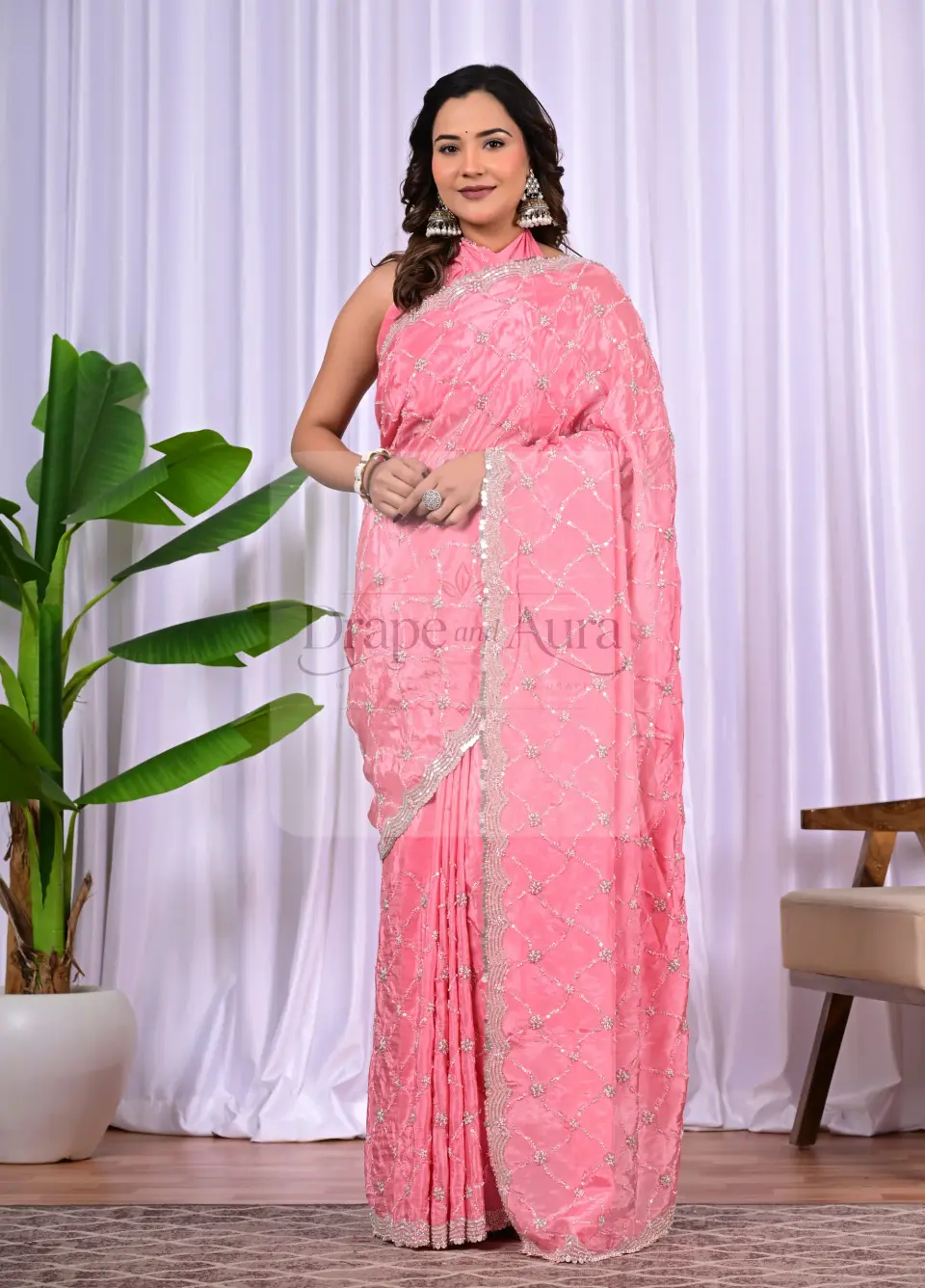 Rose pink partywear saree