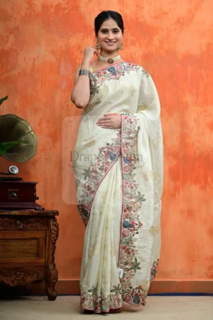 Cream Silk Saree with Floral Embroidery and Running Border