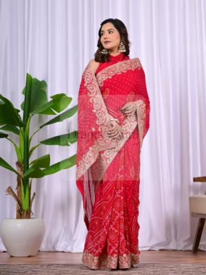 Red Diamond Chiffon Saree with Bandhani Pattern and Gota Patti Border