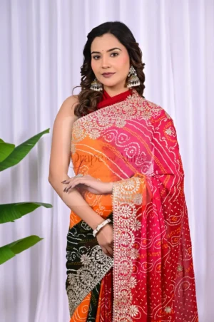 Red Diamond Chiffon Saree with Bandhani Work & Gota Patti Border