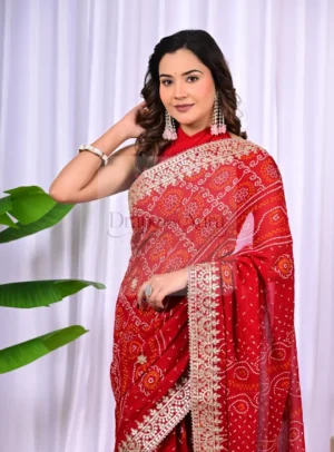 Red Diamond Chiffon Saree with Bandhani Work and Gota Patti Border