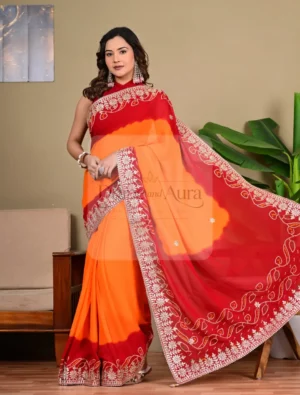 Red & Orange Diamond Chiffon Saree with Bandhani Work