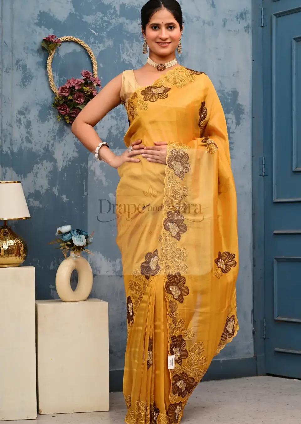 Mustard floral workwear saree