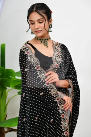 Black Tussar Silk Saree with Bandhani Work and Running Border