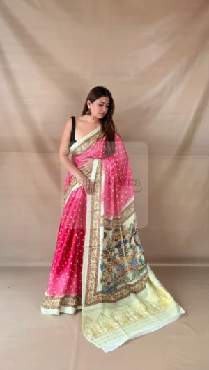 Gajji Silk Saree with Kalamkari Hand Block Print