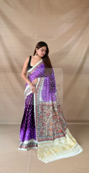 Handloom Gajji Silk Saree with Kalamkari Hand Block Print