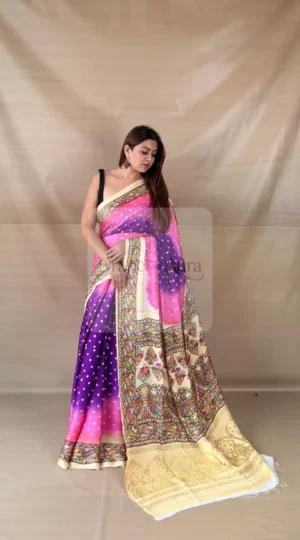 Handloom Gajji Silk Saree with Kalamkari Block Print