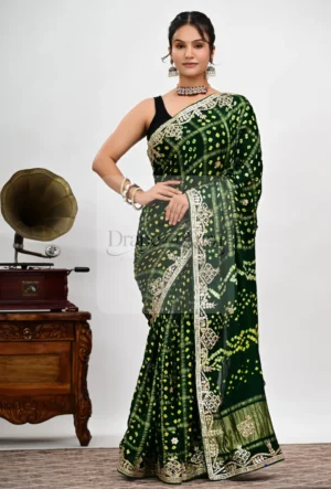 Deep Green Modal Gajji Silk Saree with Ghatchola Gota Border