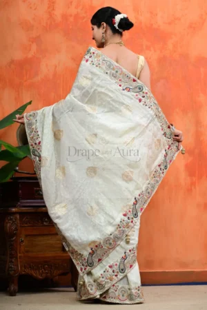 Cream Handloom Silk Saree with Geometric Embroidery