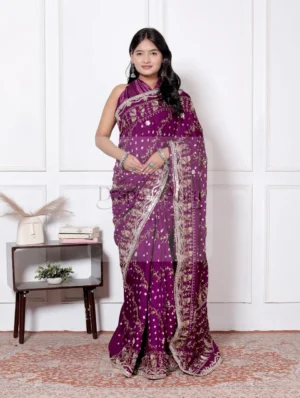 Wine Modal Gajji Silk Saree with Gota Patti Border and Bandhani Dots