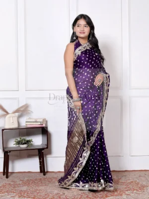 Deep Purple Modal Gajji Silk Saree with Geometric Print & Gota Border